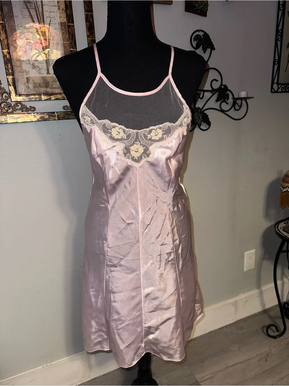 Vintage Mara di Carli Pink Satin Slip Dress Floral Embroidered Lace Trim Mesh, M